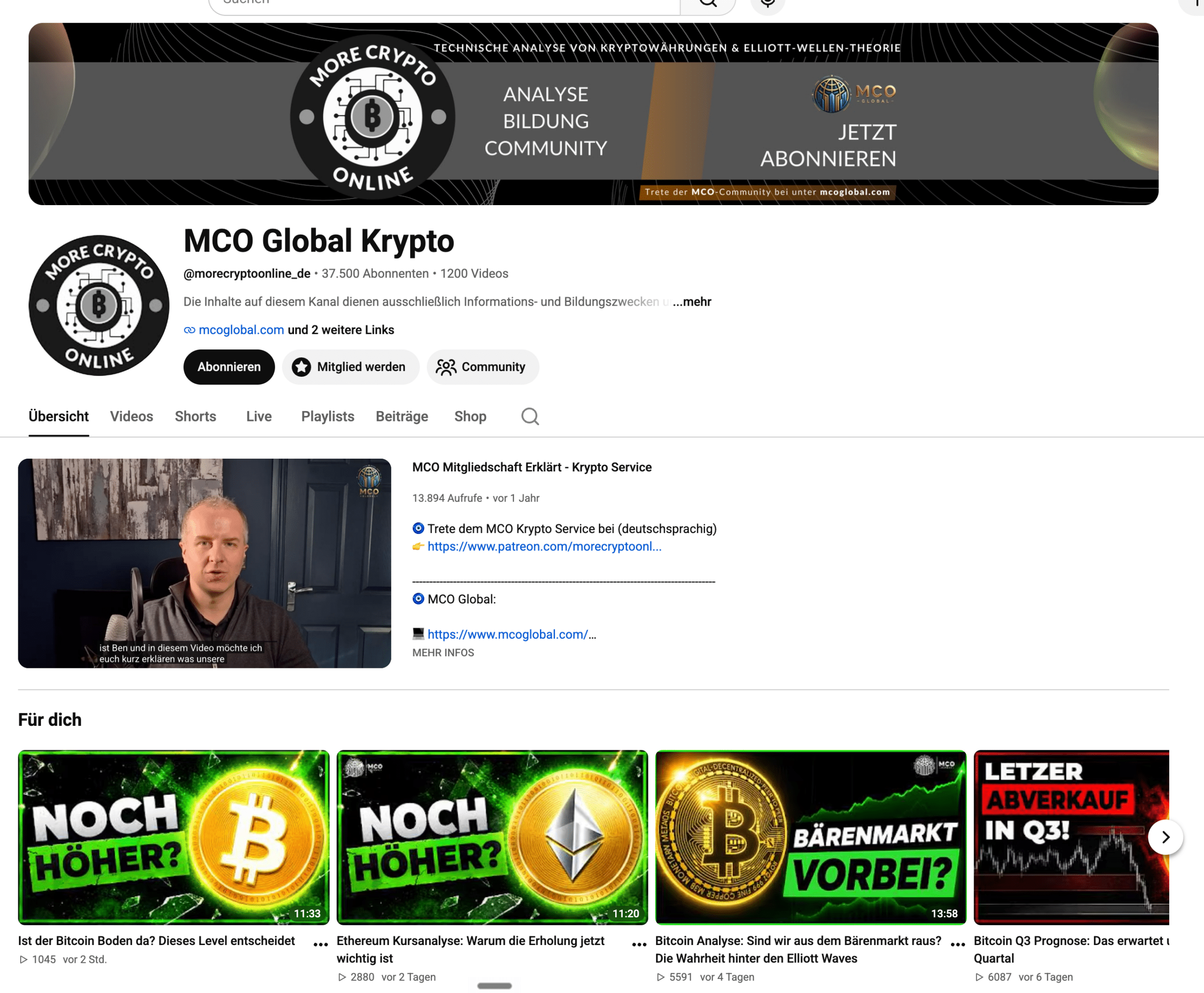 MCO Global Krypto YouTube-Kanal mit 37.500 Abonnenten und täglichen Elliott-Wellen-Analysen (Juli 2026)