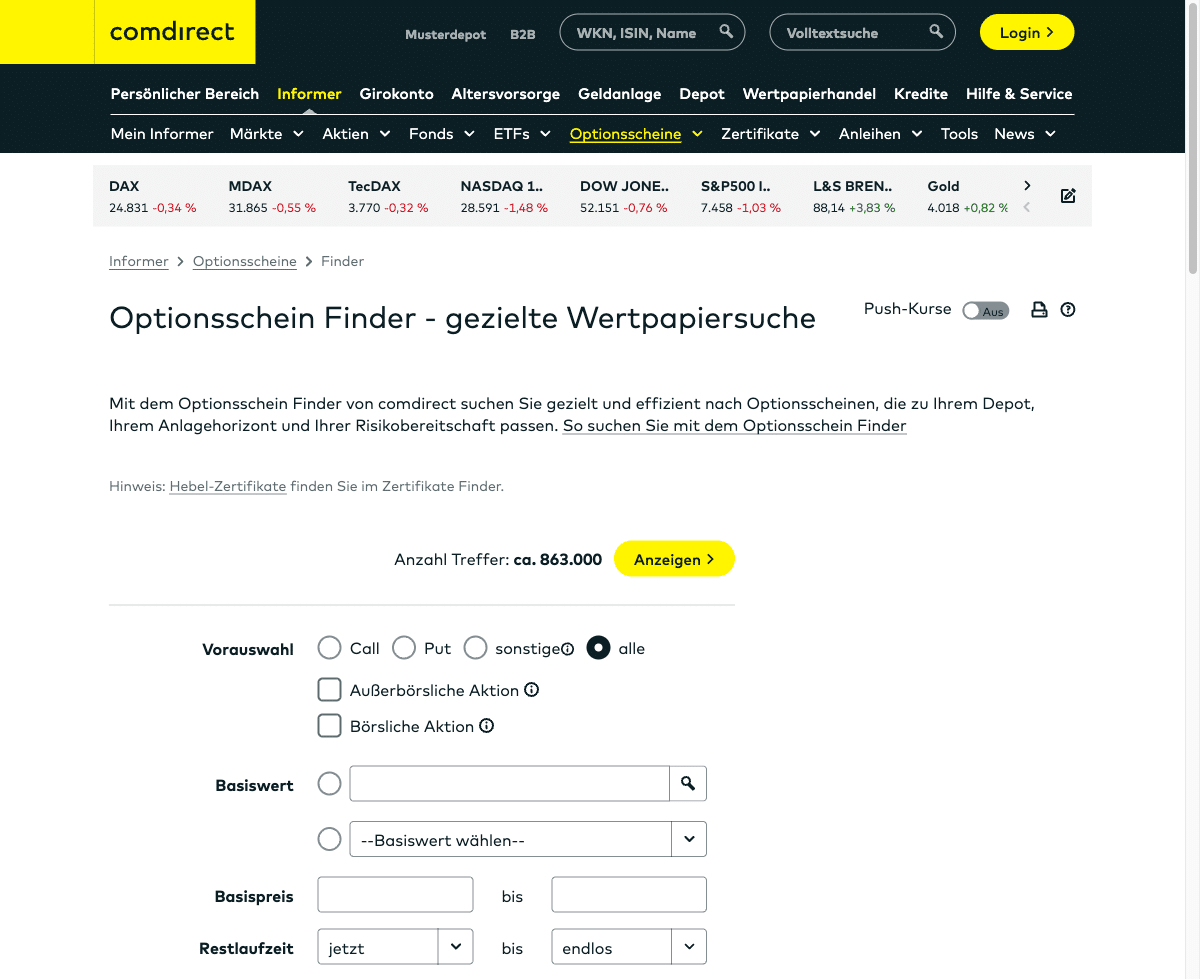 Optionsscheinfinder von comdirect mit Vorauswahl Call/Put, Basiswert, Basispreis und Restlaufzeit