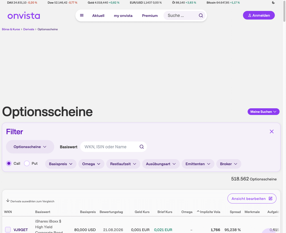 Optionsscheinfinder von Onvista mit Filtern für Basiswert, Call/Put, Basispreis, Omega und Restlaufzeit