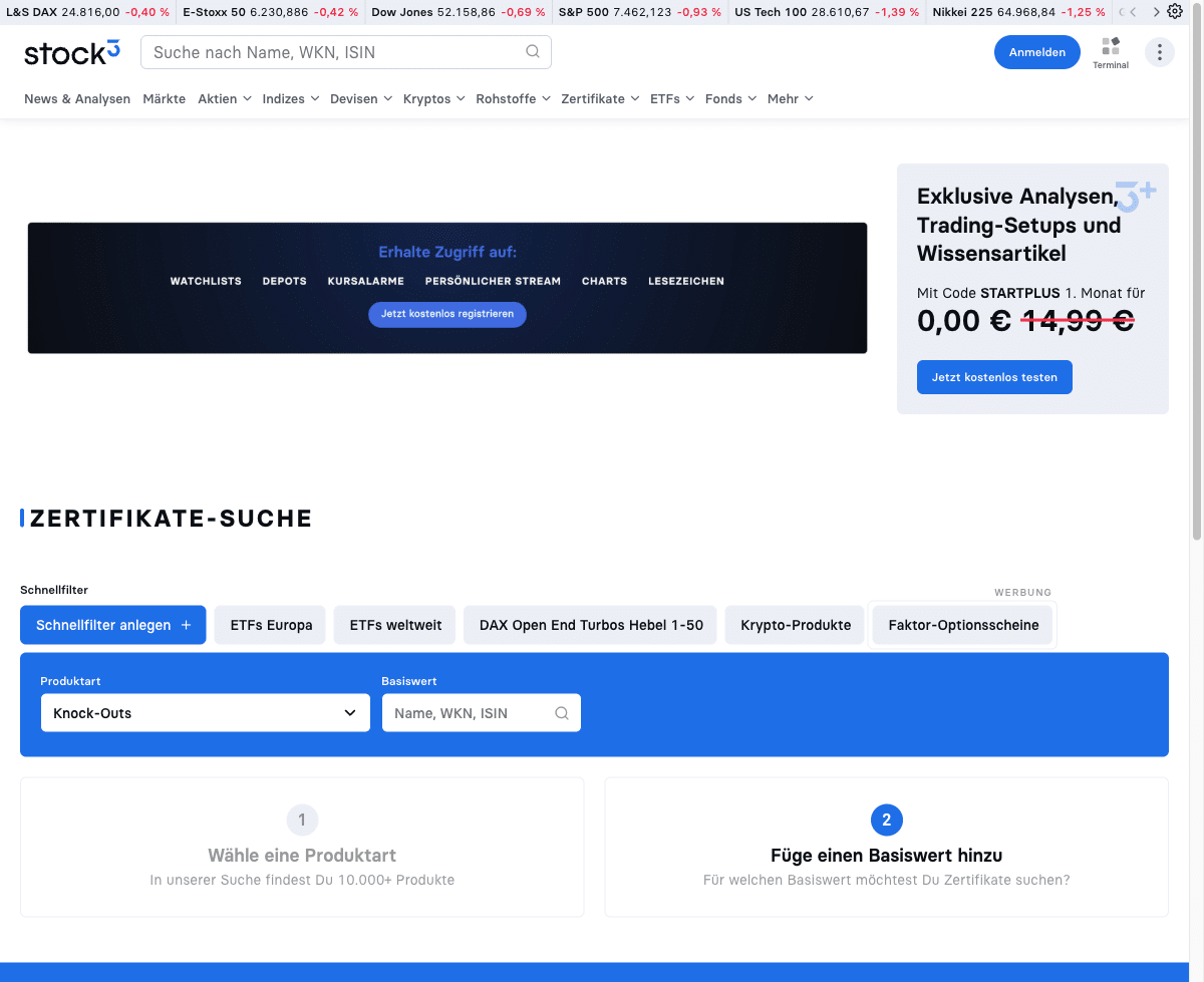 Optionsscheinfinder von Stock3 in der Zertifikate-Suche mit Produktart und Basiswert