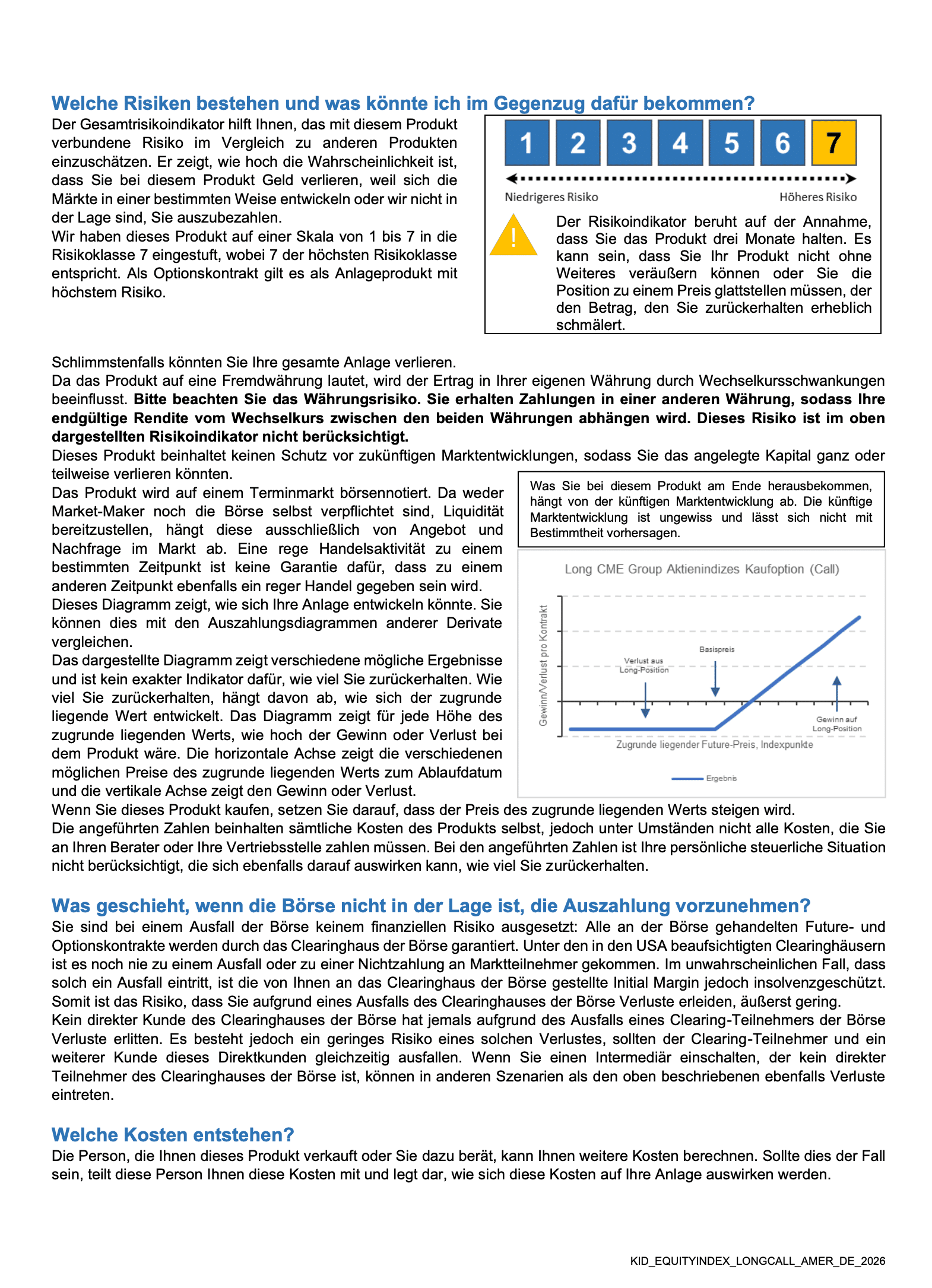 Basisinformationsblatt der CME Group auf Deutsch: Risikoabschnitt mit Gesamtrisikoindikator Stufe 7 von 7 für Long-Call-Optionen auf Aktienindex-Futures