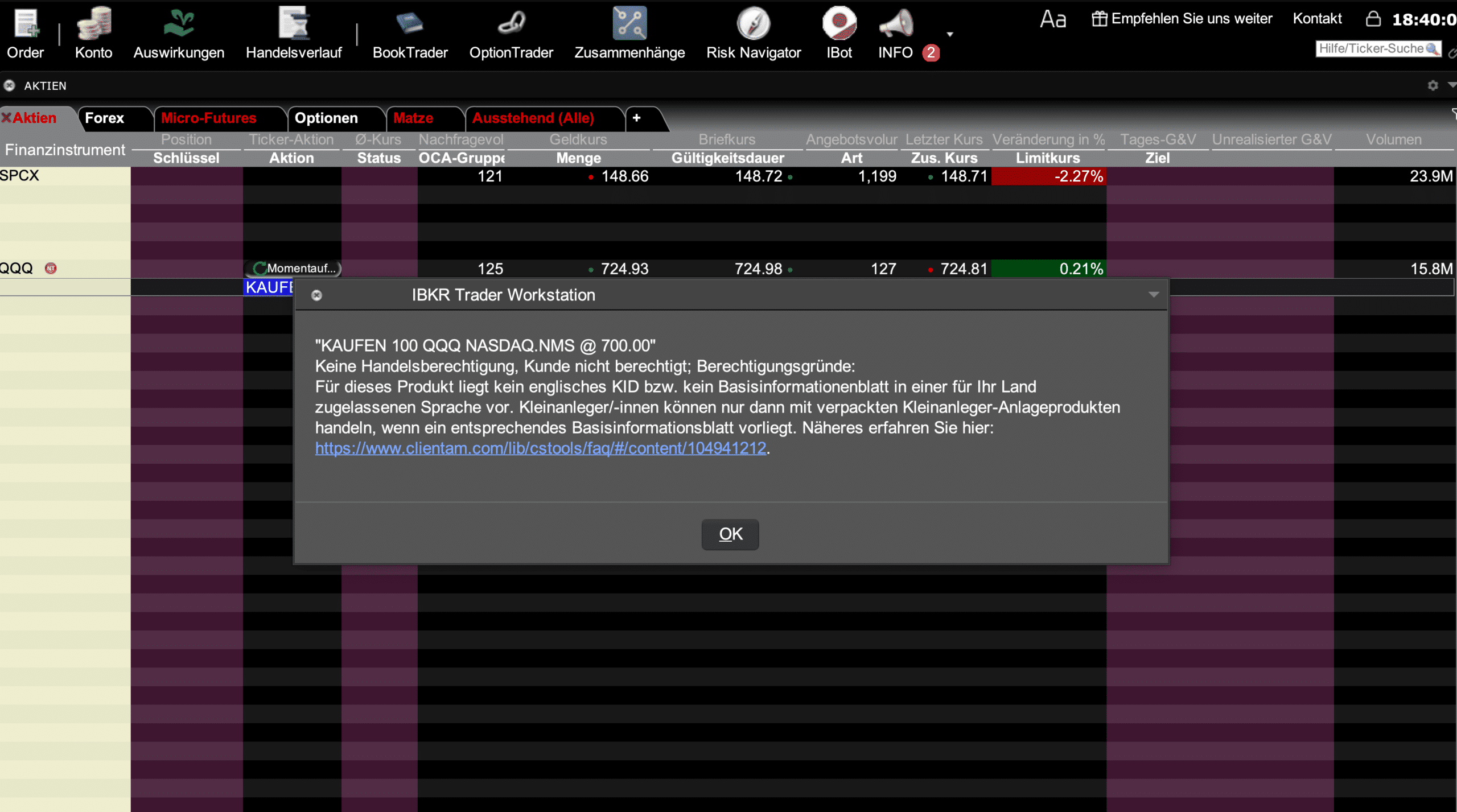 PRIIPs-Sperre bei Interactive Brokers: Die Trader Workstation lehnt eine QQQ-Kauforder ab, weil kein Basisinformationsblatt (KID) vorliegt