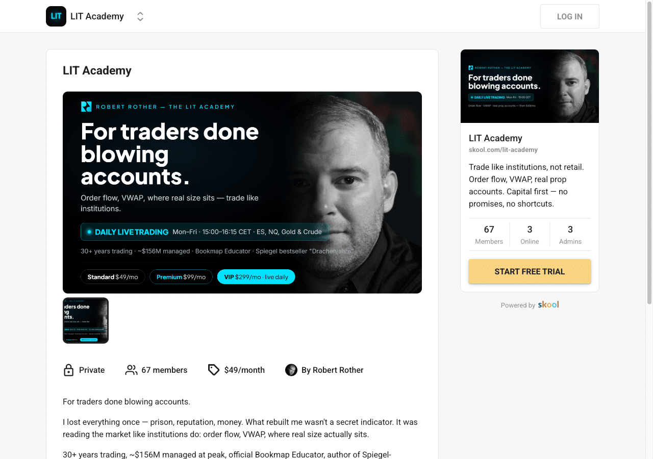 robert rother lit academy auf skool mit preisen und live trading zeiten
