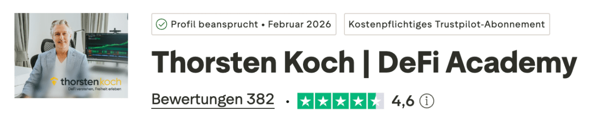 Thorsten Koch DeFi Academy auf Trustpilot mit 4,6 Sternen aus 382 Bewertungen, Stand Juli 2026