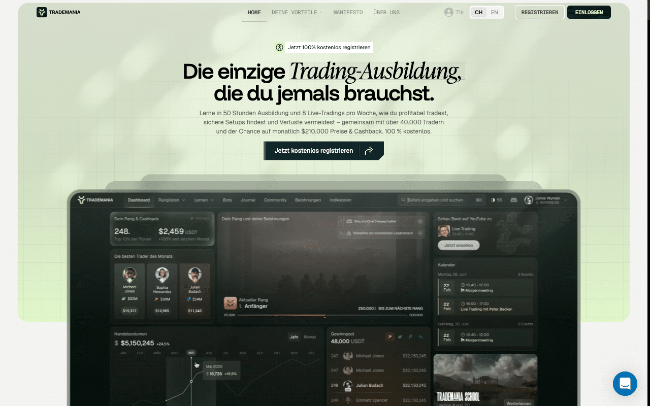 TradeMania Startseite mit Mitgliederbereich und Dashboard