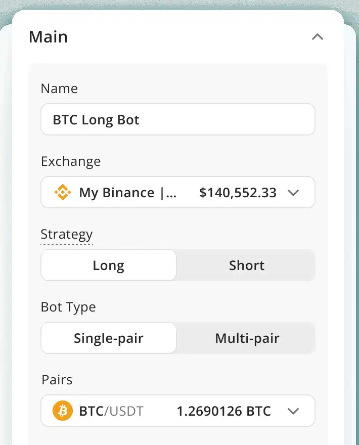 3Commas DCA Bot Einstellungen mit Börse, Long-Short-Wahl und Handelspaar