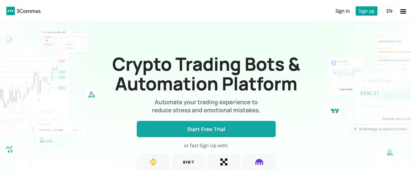 3Commas Startseite 2026 mit Anmeldung über Binance, Bybit, OKX und Kraken