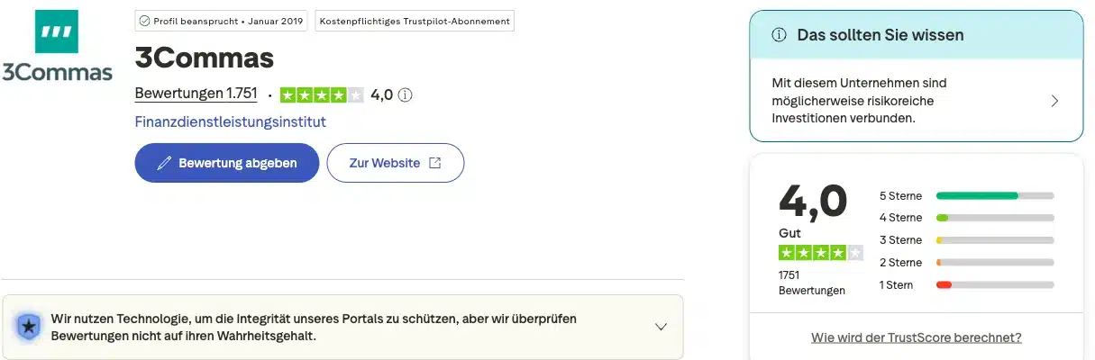 3Commas Trustpilot Bewertung 4,0 bei 1.751 Rezensionen