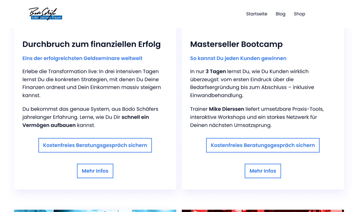 Bodo Schäfer Seminare ohne Preisangabe mit Verweis auf ein kostenfreies Beratungsgespräch