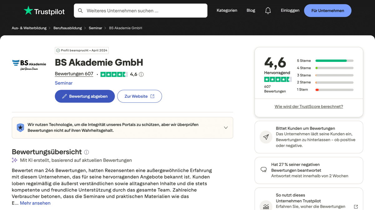 Bodo Schäfer Erfahrungen auf Trustpilot mit 4,6 von 5 Punkten bei 607 Bewertungen für die BS Akademie GmbH