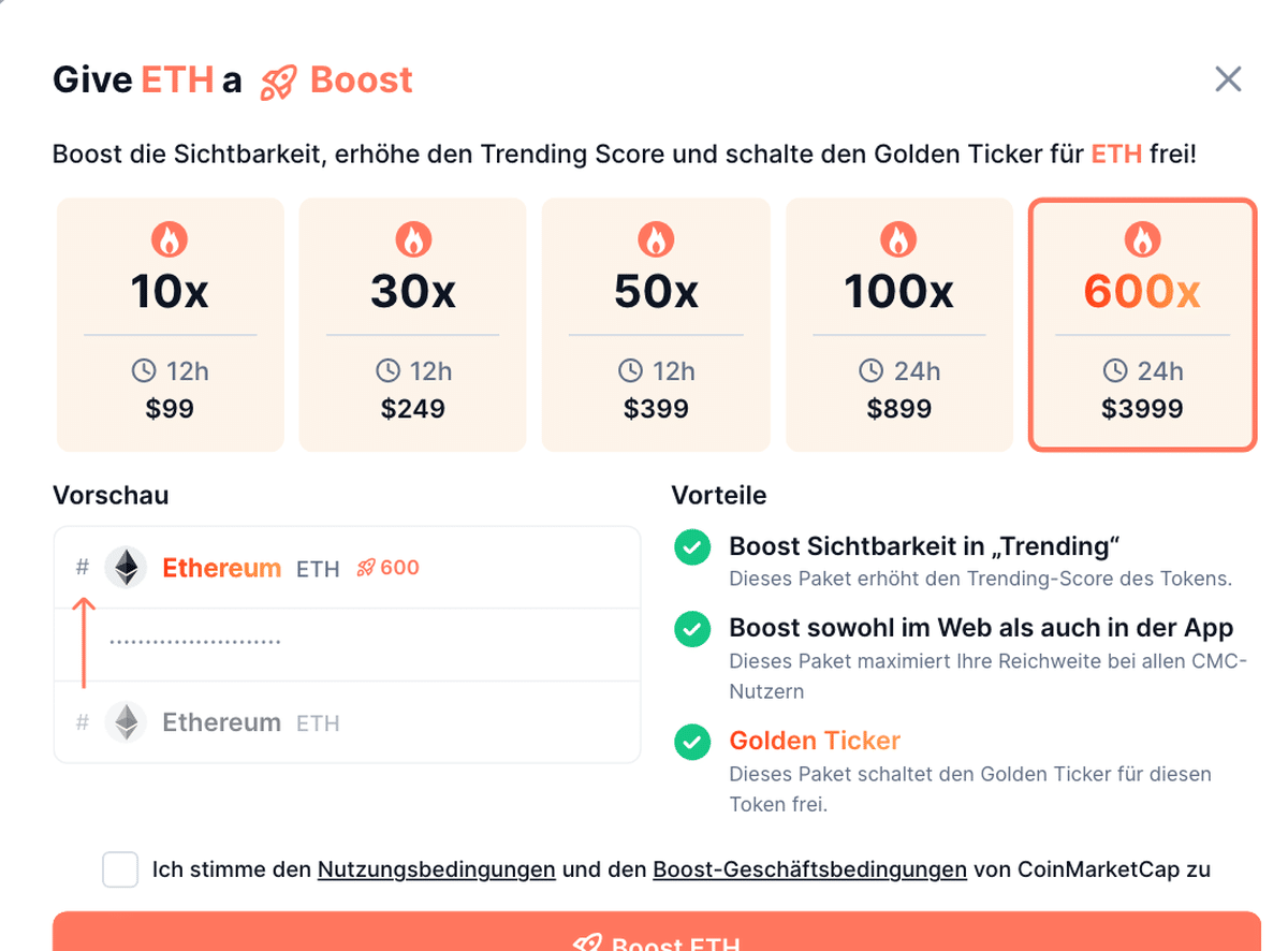 CoinMarketCap Boost: Preisliste für den Trending-Score eines Tokens