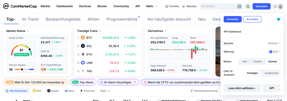 CoinMarketCap auf Deutsch umstellen: Menü mit Sprache und Währung