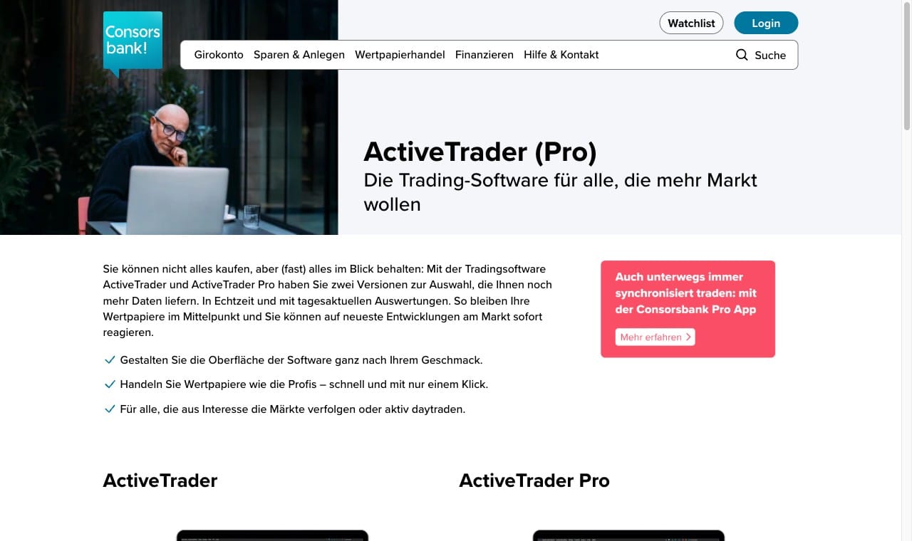 Consorsbank ActiveTrader und ActiveTrader Pro auf der Produktseite des Brokers