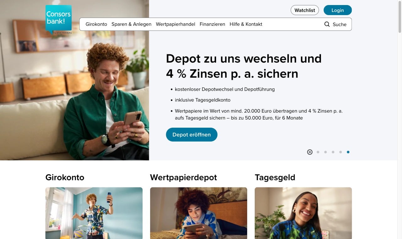 Consorsbank Startseite mit Girokonto, Wertpapierdepot und Tagesgeld
