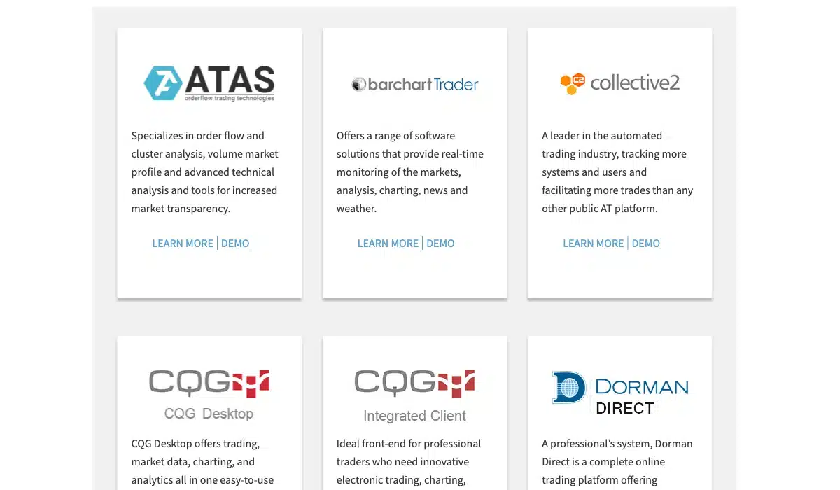 Dorman Trading Plattformübersicht mit ATAS, Barchart Trader, Collective2 und CQG