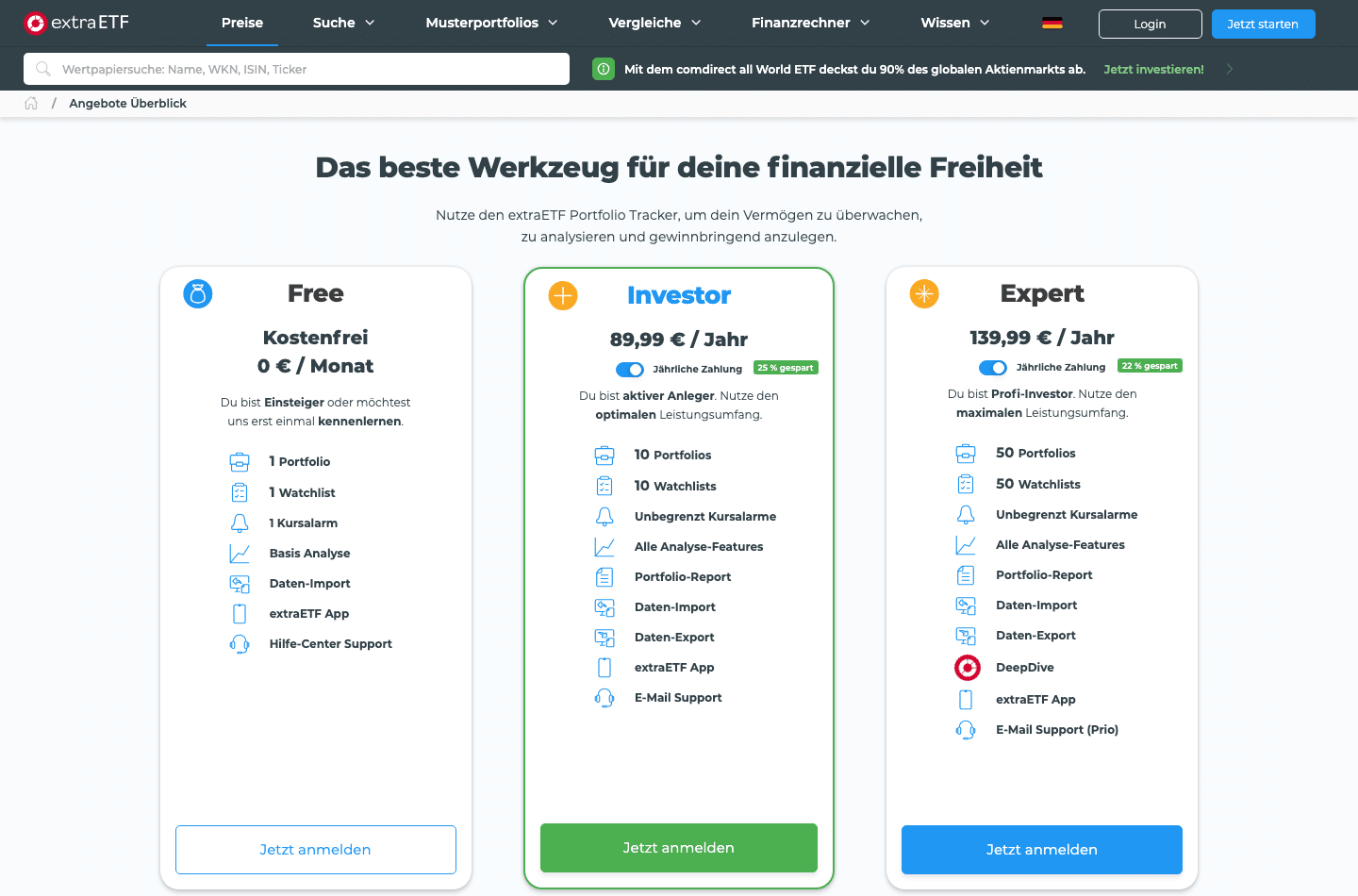 extraETF Kosten 2026 mit den Tarifen Free, Investor und Expert
