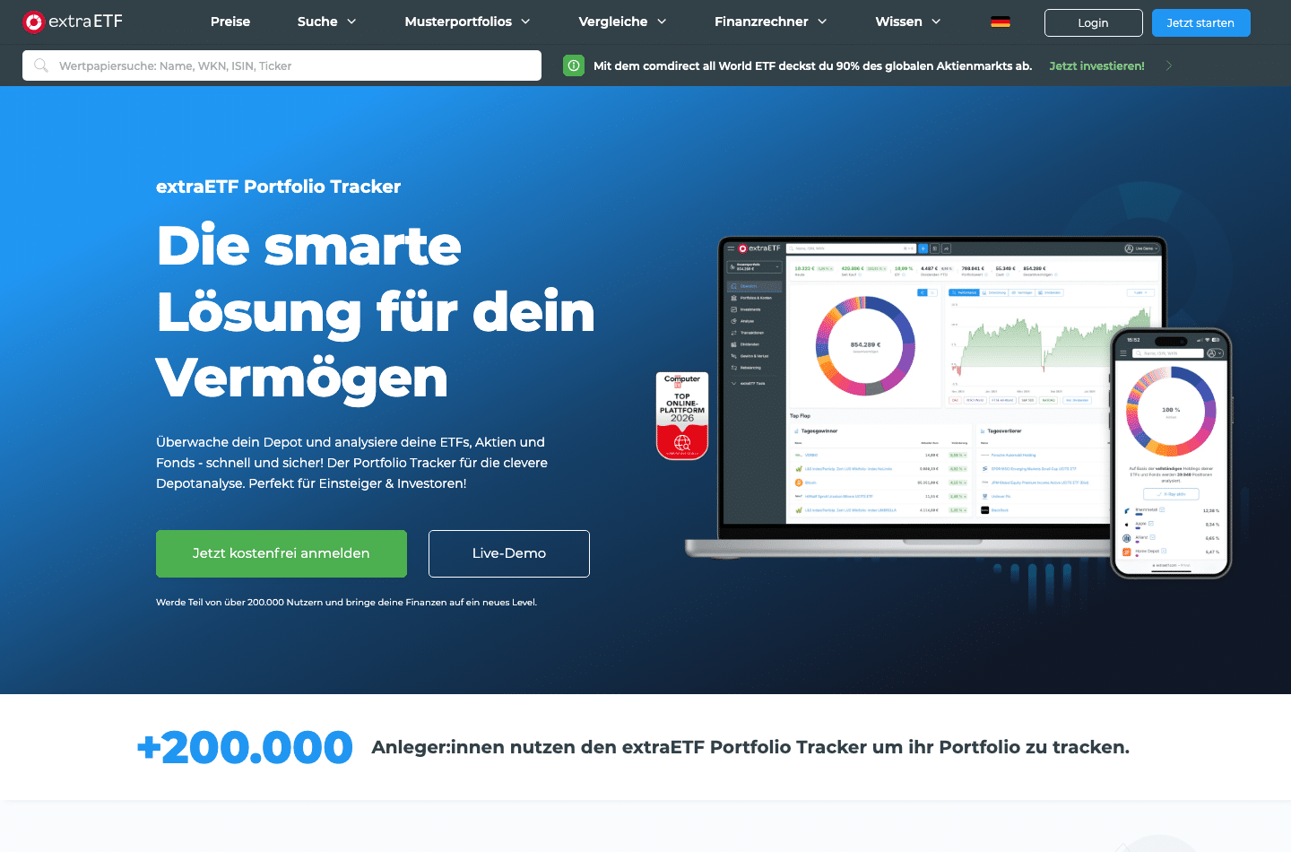 extraETF Portfolio Tracker Produktseite mit Depotanalyse auf Desktop und Smartphone