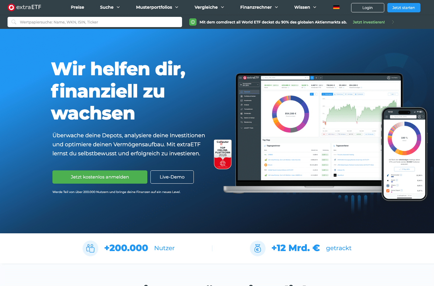 extraETF Startseite mit ETF-Suche und Portfolio Tracker im August 2026