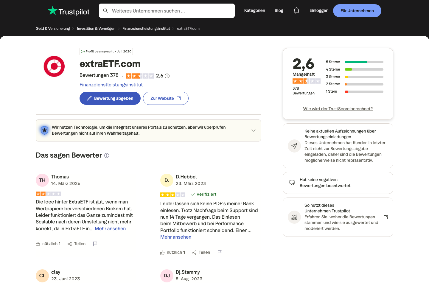 extraETF Bewertungen auf Trustpilot mit TrustScore 2,6 im August 2026