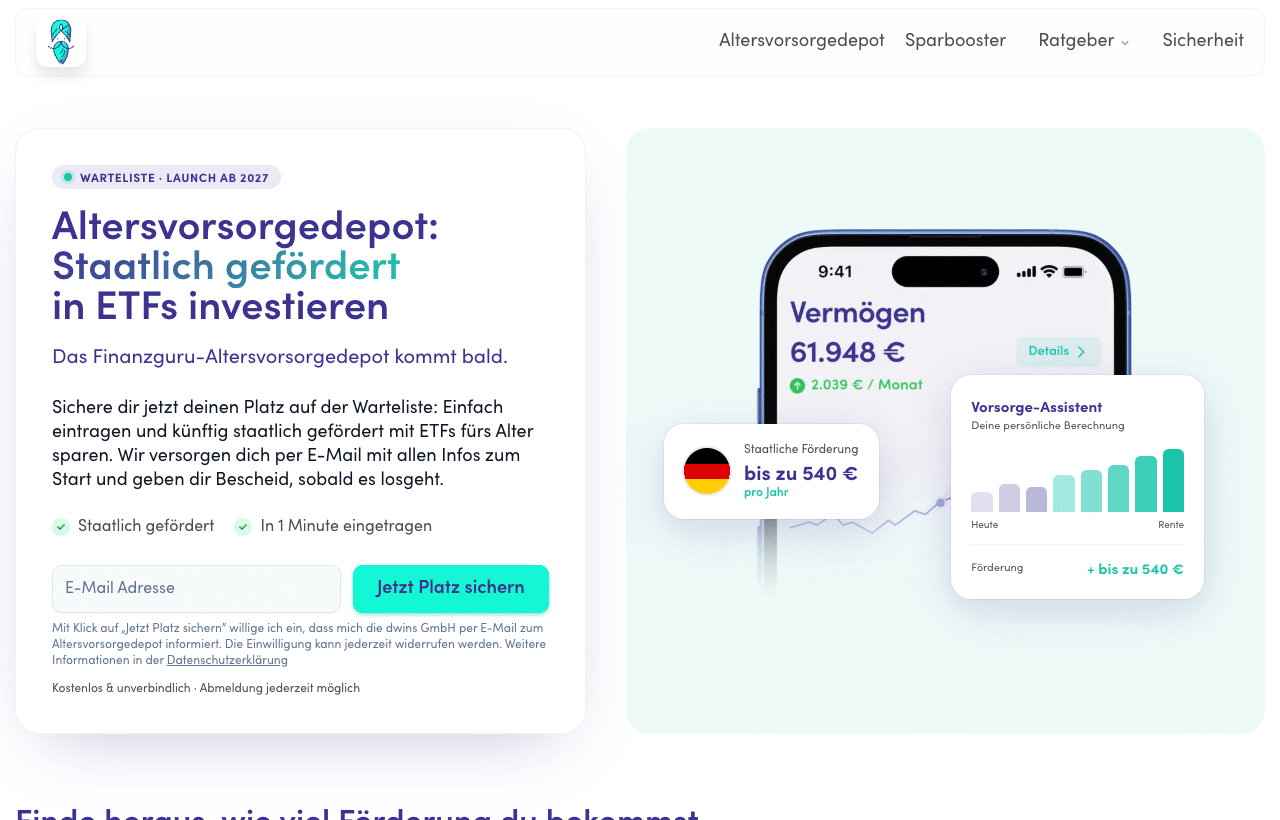 Finanzguru Altersvorsorgedepot mit Warteliste für den Start 2027 und Hinweis auf staatliche Förderung von bis zu 540 Euro pro Jahr