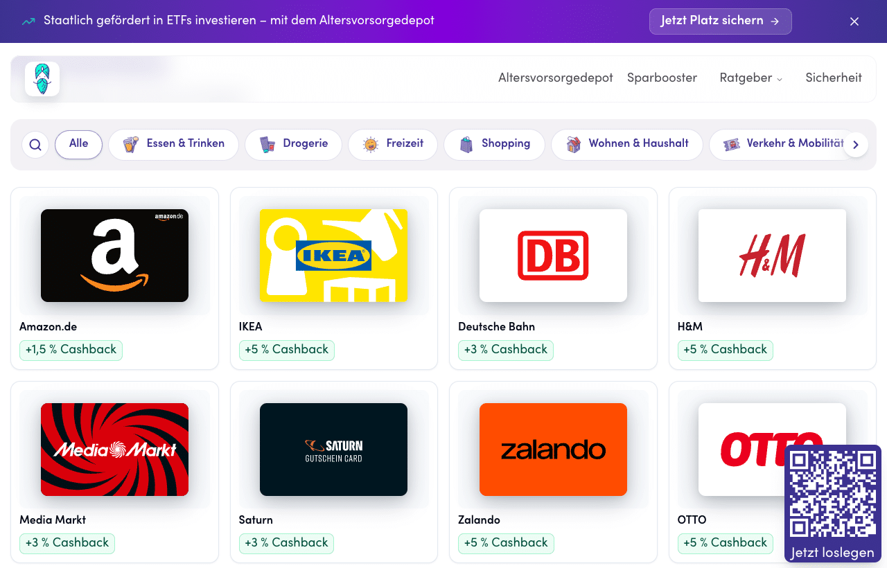 Finanzguru Cashback im Sparbooster mit Gutscheinen von Amazon, IKEA, Deutsche Bahn und H&M und Cashback-Sätzen zwischen 1,5 und 5 Prozent