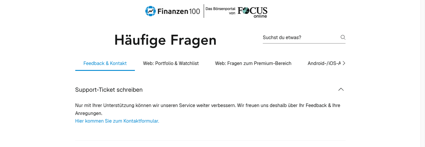 Finanzen100 Hilfebereich auf der Nebendomain finanzen100.site mit Support-Ticket und getrennten Rubriken für Web und App