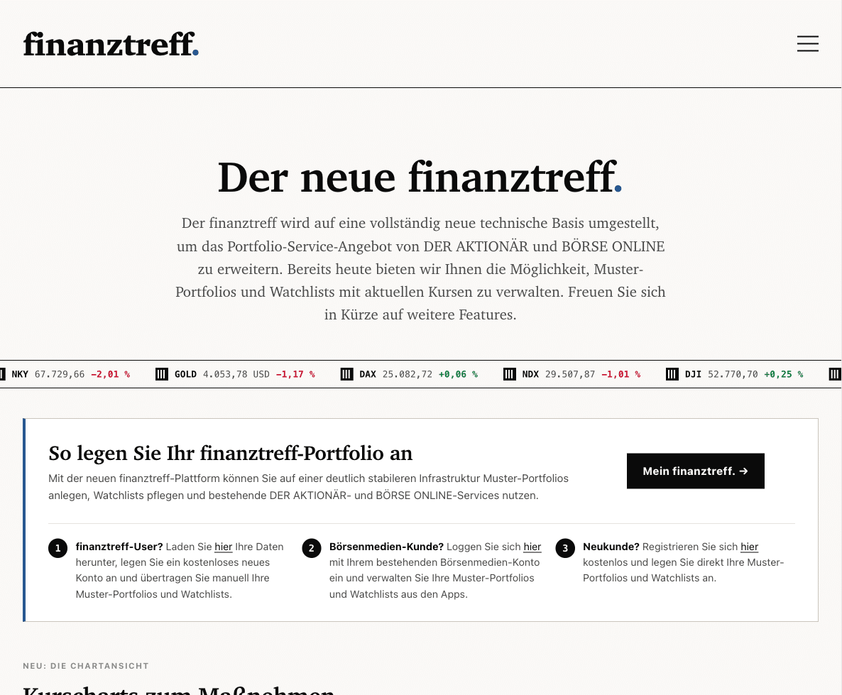 finanztreff.de Startseite nach dem Umbau mit Kursticker und den Kacheln für Portfolios und Watchlists