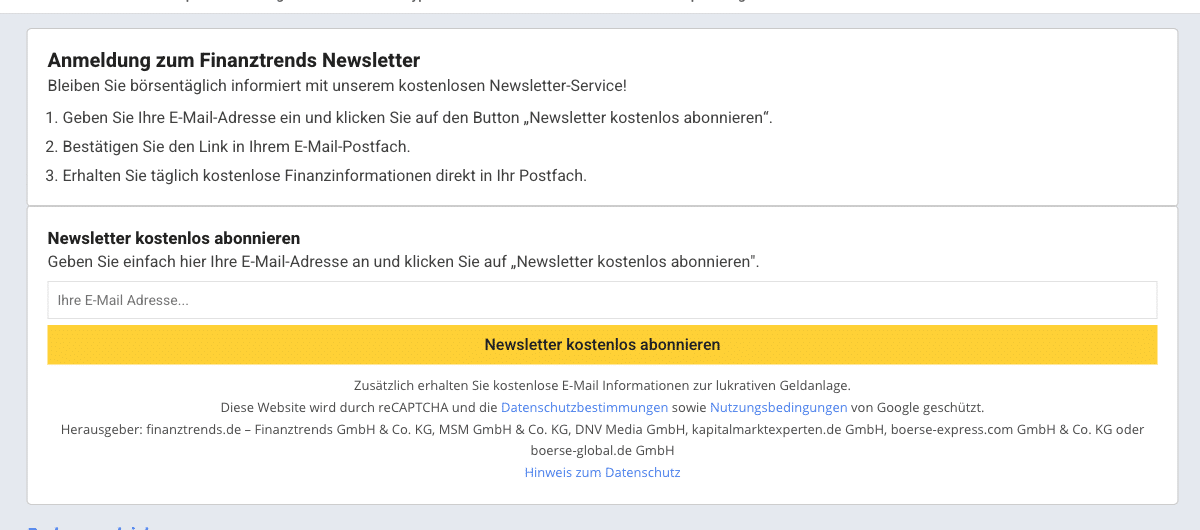 Finanztrends.de Newsletter-Anmeldung mit Hinweis auf sechs Herausgeber und Werbe-E-Mails