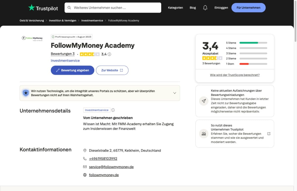 FollowMyMoney Trustpilot Bewertungen mit 3,4 von 5 Sternen bei drei Bewertungen