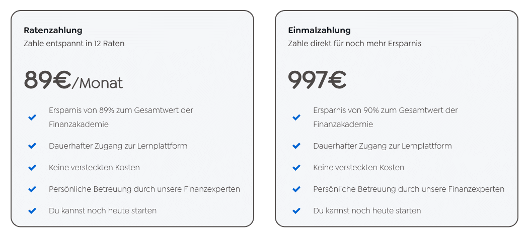 Greator Finanzakademie Kosten: 997 Euro Einmalzahlung oder 12 Raten zu 89 Euro