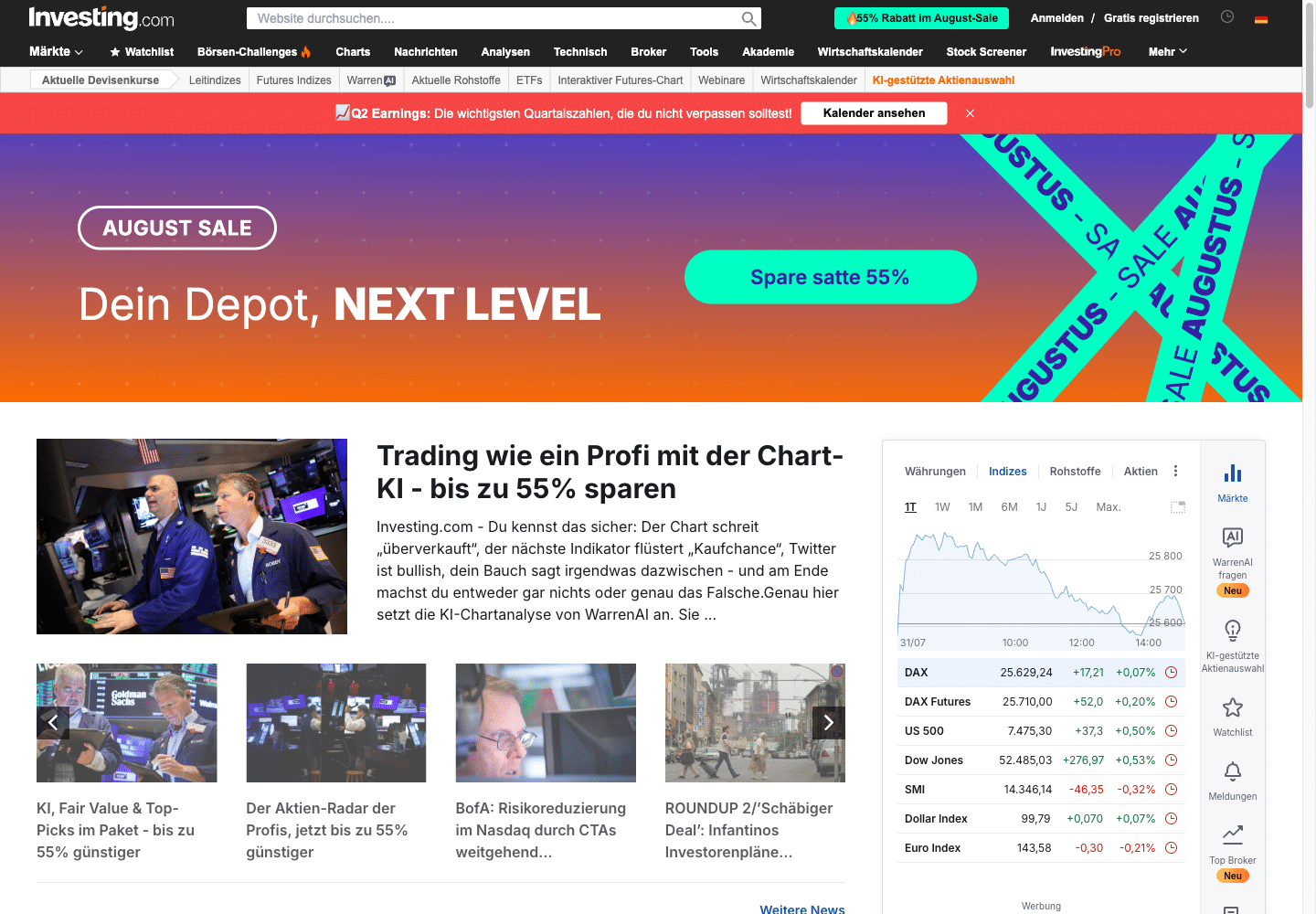 Investing.com Startseite mit August-Sale-Banner und drei Eigenwerbe-Teasern im Nachrichtenbereich