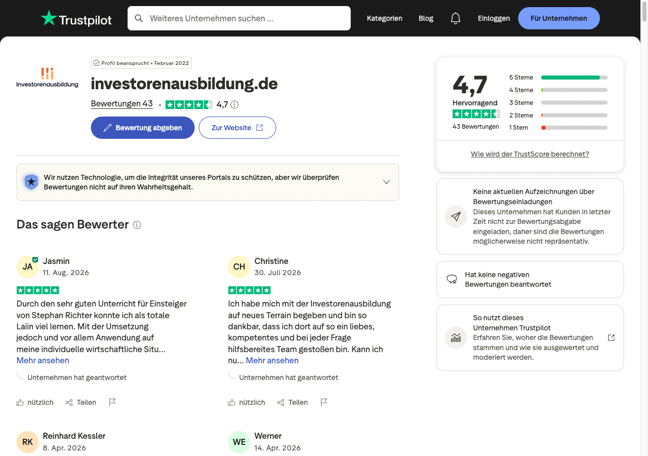 Investorenausbildung Erfahrungen bei Trustpilot mit 4,7 von 5 Punkten aus 43 Bewertungen