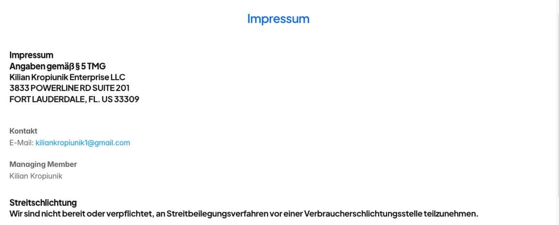Kilian Kropiunik Enterprise LLC im Impressum des FinanzCode mit Sitz in Fort Lauderdale