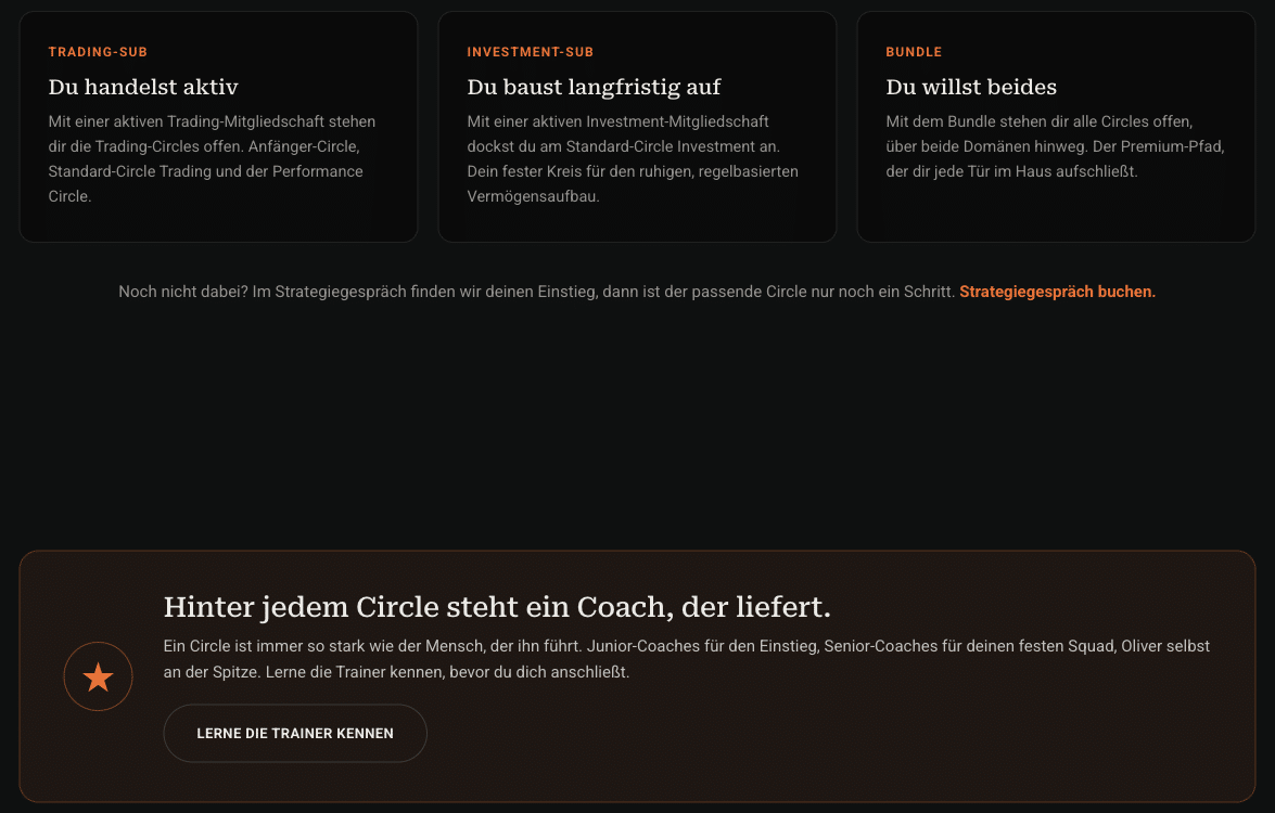 Oliver Klemm Circles: Zugang über Trading-, Investment- oder Bundle-Mitgliedschaft