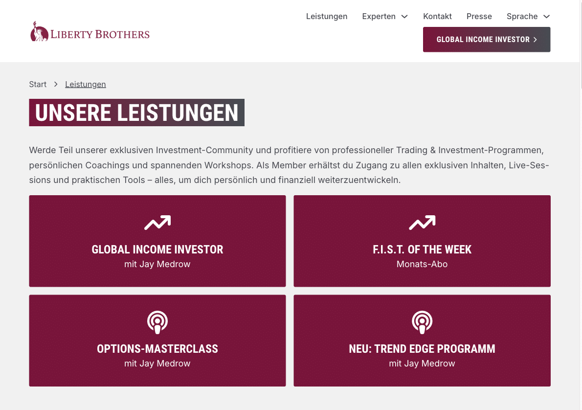 Liberty Brothers Angebot 2026: Global Income Investor, F.I.S.T. of the Week, Options-Masterclass und Trend Edge