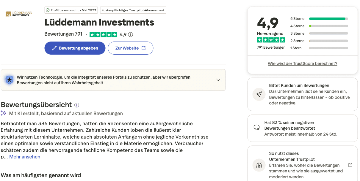 Mario Lüddemann Trustpilot: 4,9 von 5 Punkten aus 791 Bewertungen für Lüddemann Investments