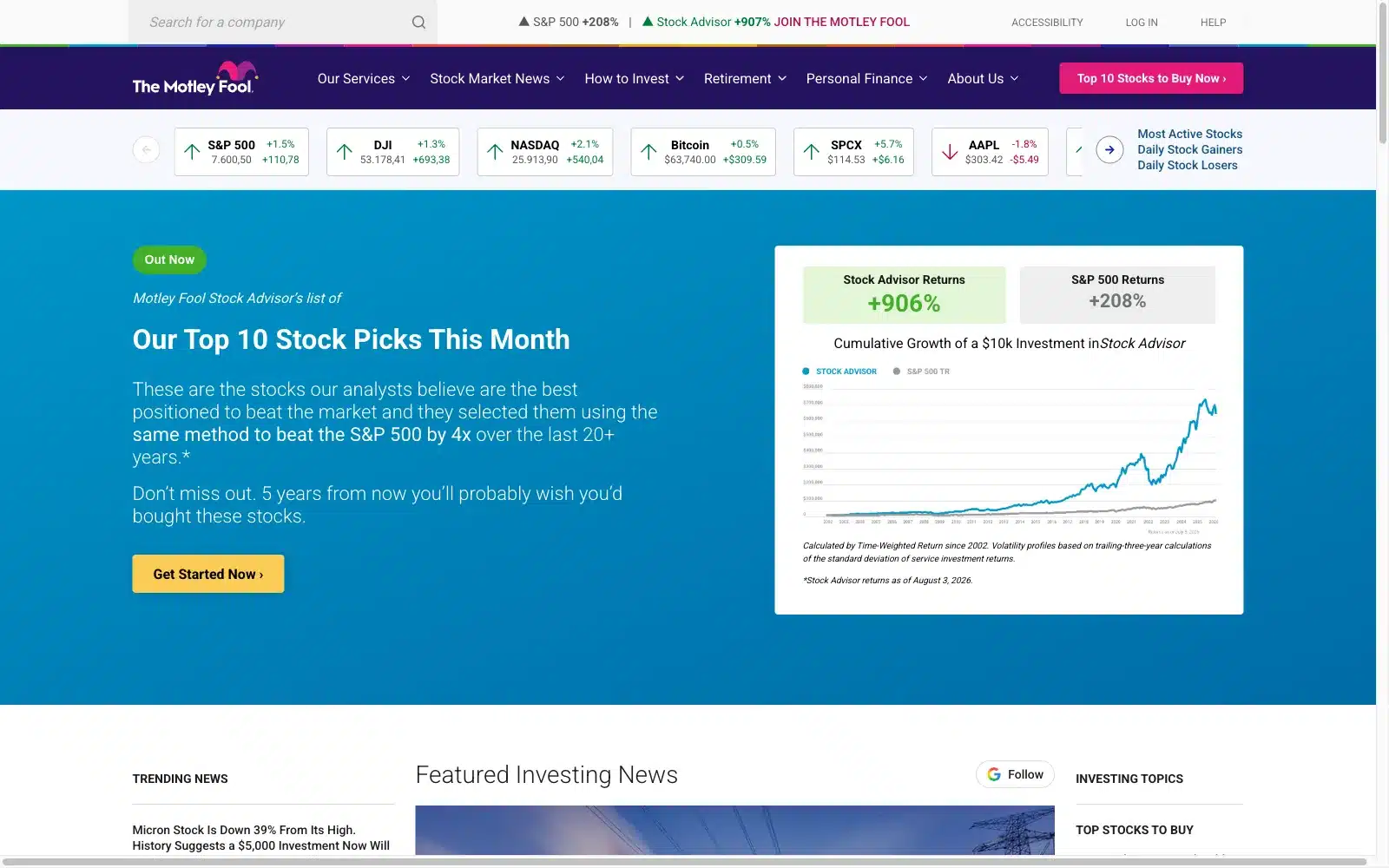 The Motley Fool Startseite mit kostenlosen Aktienartikeln, Stand August 2026