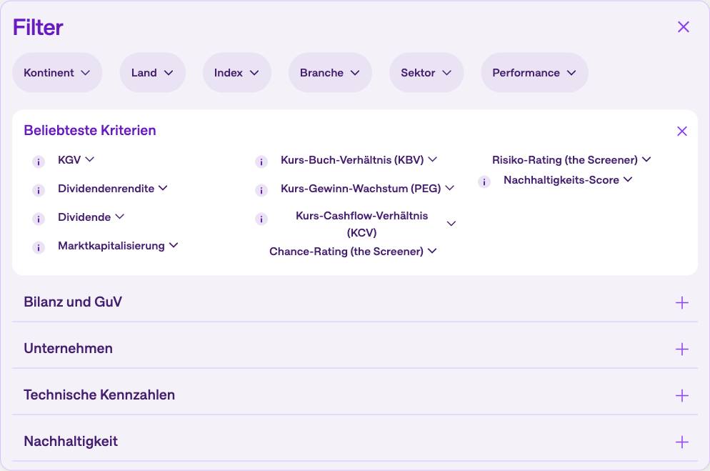 Aktienscreener von onvista mit Filtern für KGV, Dividendenrendite und Nachhaltigkeits-Score