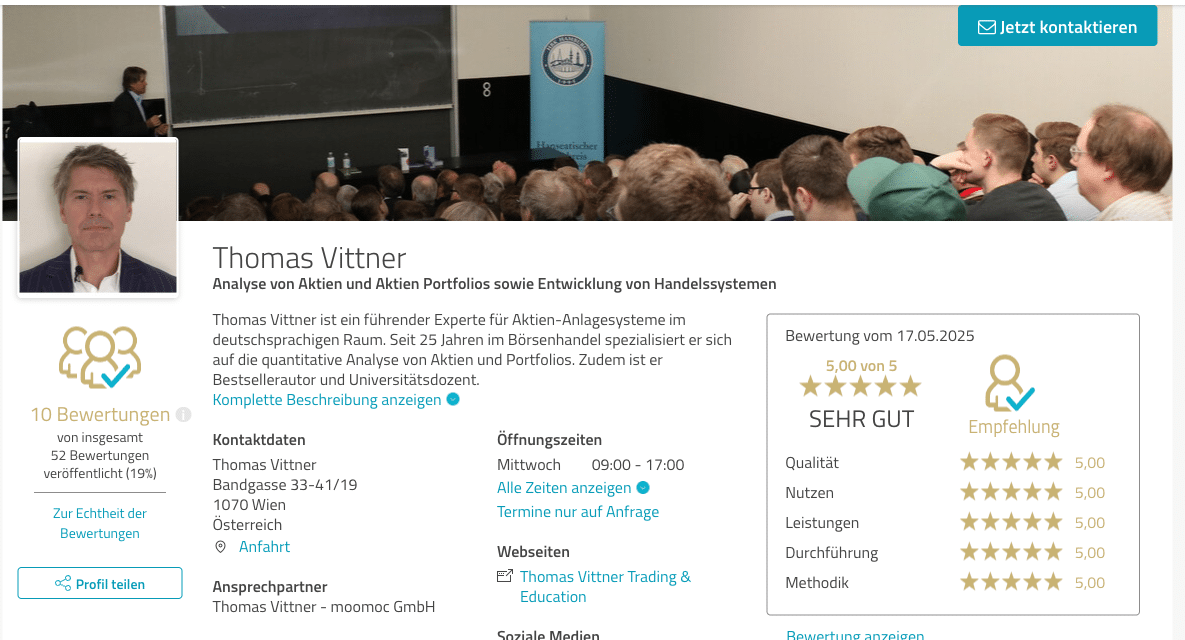Thomas Vittner Bewertungen bei ProvenExpert: 10 von 52 Bewertungen veröffentlicht
