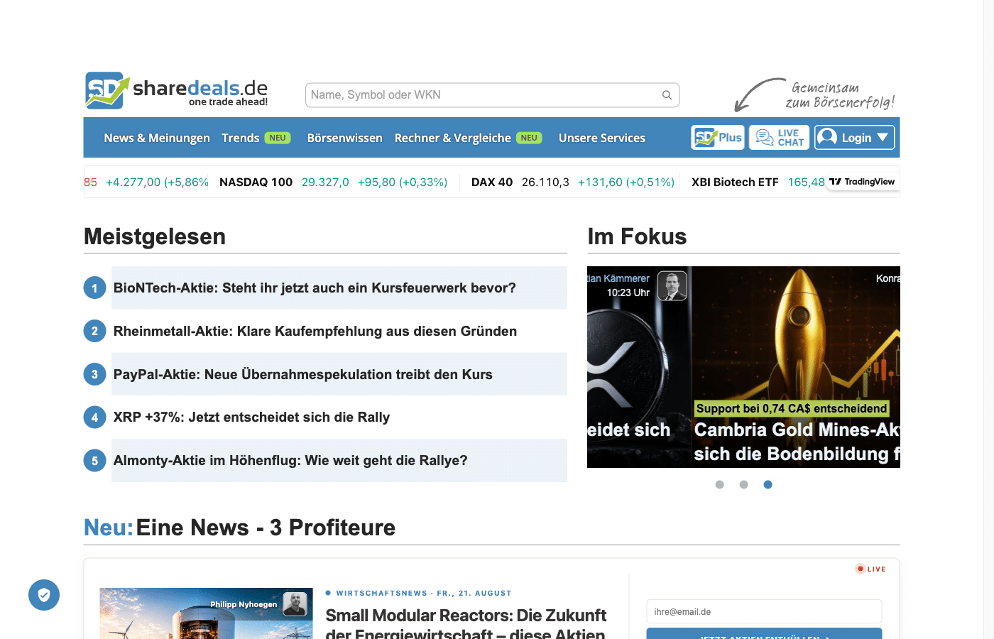 sharedeals.de Startseite mit Aktien-News, Kursleiste und dem Menü der kostenpflichtigen Börsendienste