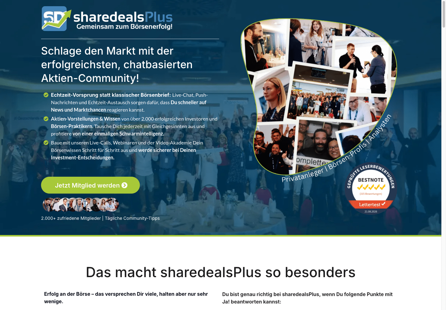 sharedealsPlus Landingpage mit Leistungsübersicht der Aktien-Community von sharedeals.de