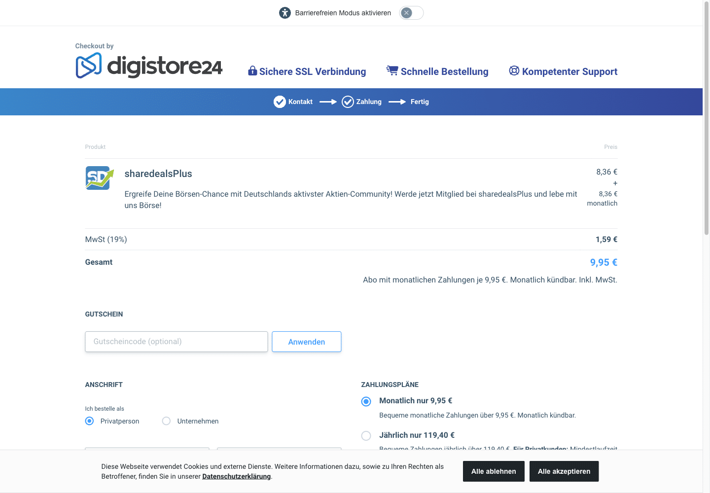 sharedeals.de Preis für sharedealsPlus auf der Digistore24-Bestellseite mit 9,95 Euro im Monat