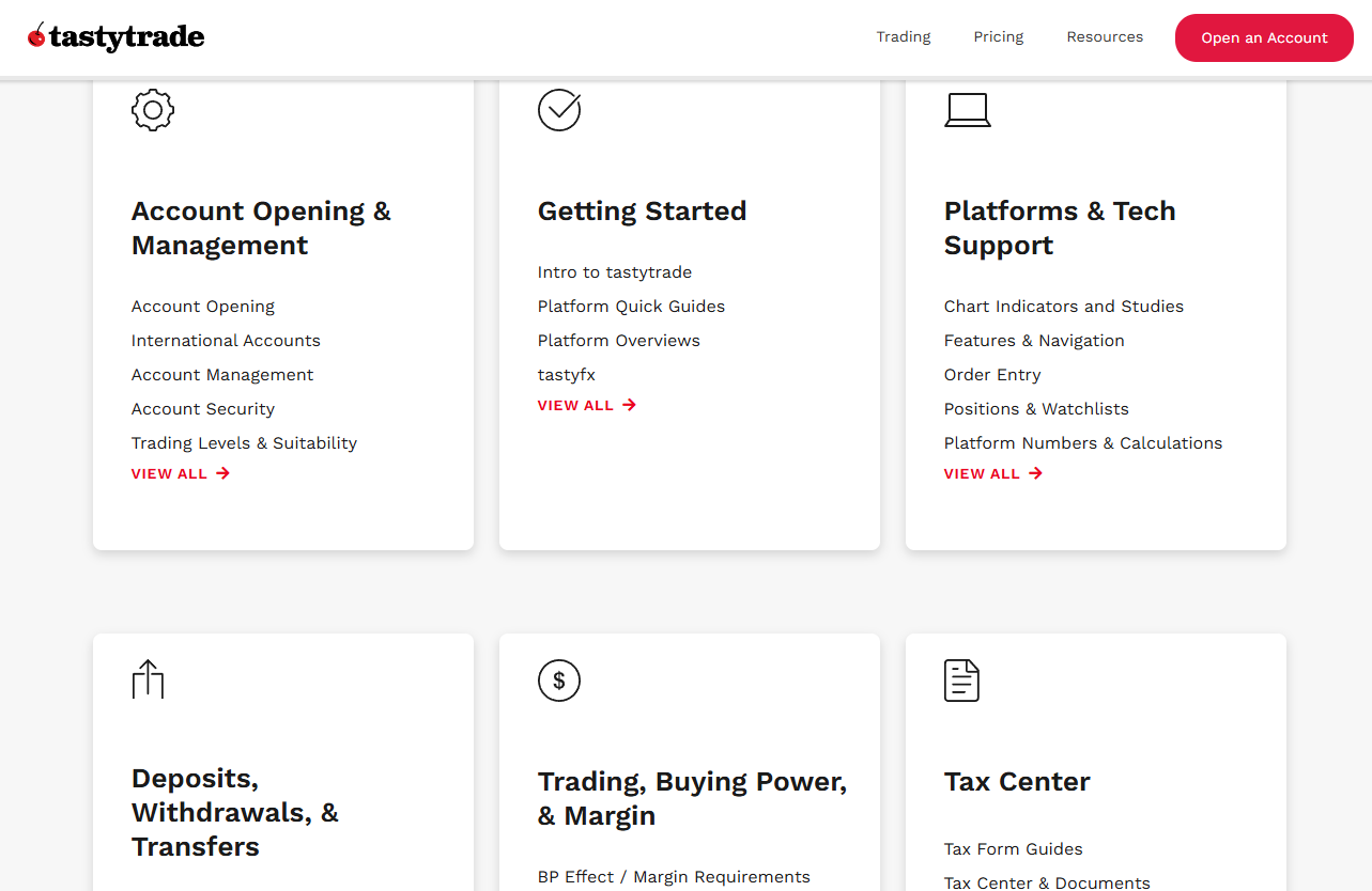 Screenshot des Help Centers von Tastytrade mit Kategorien für Account Opening & Management, Getting Started, Platforms & Tech Support, Deposits, Withdrawals & Transfers, Trading, Buying Power & Margin sowie Tax Center.