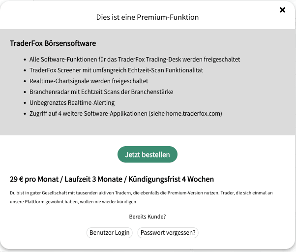 TraderFox Premium-Hinweis mit Preis, Laufzeit und Kündigungsfrist