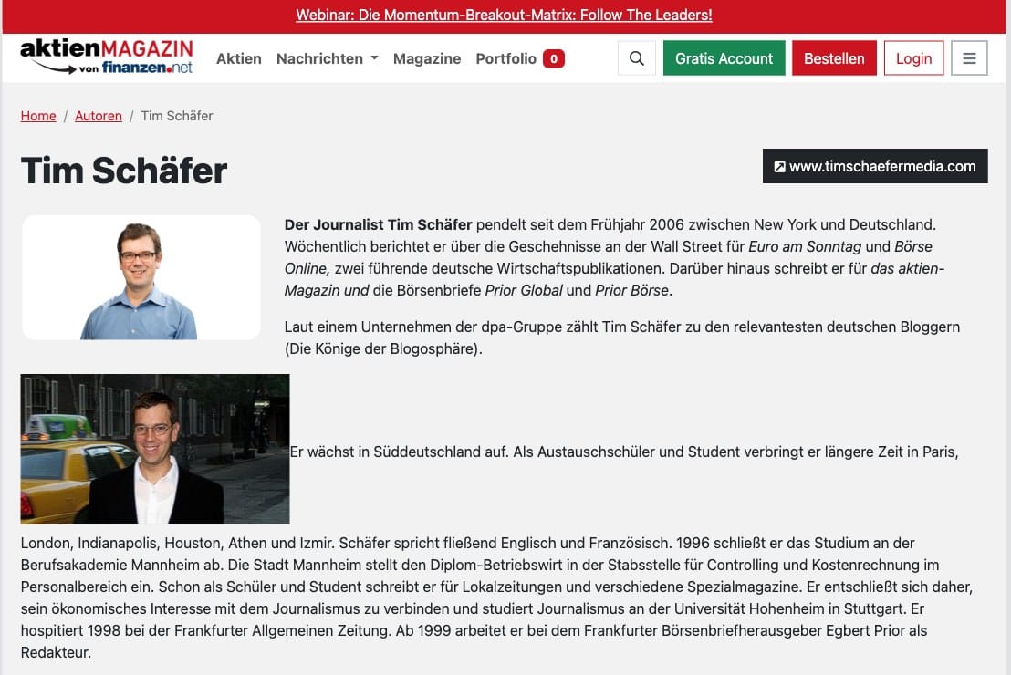 Tim Schäfer Autorenprofil im aktien Magazin von finanzen.net mit Vita und Wall-Street-Stationen