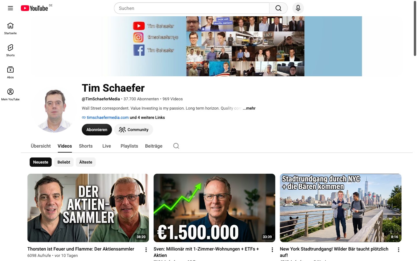 Tim Schäfer YouTube-Kanal mit 37.700 Abonnenten und 969 Videos im August 2026