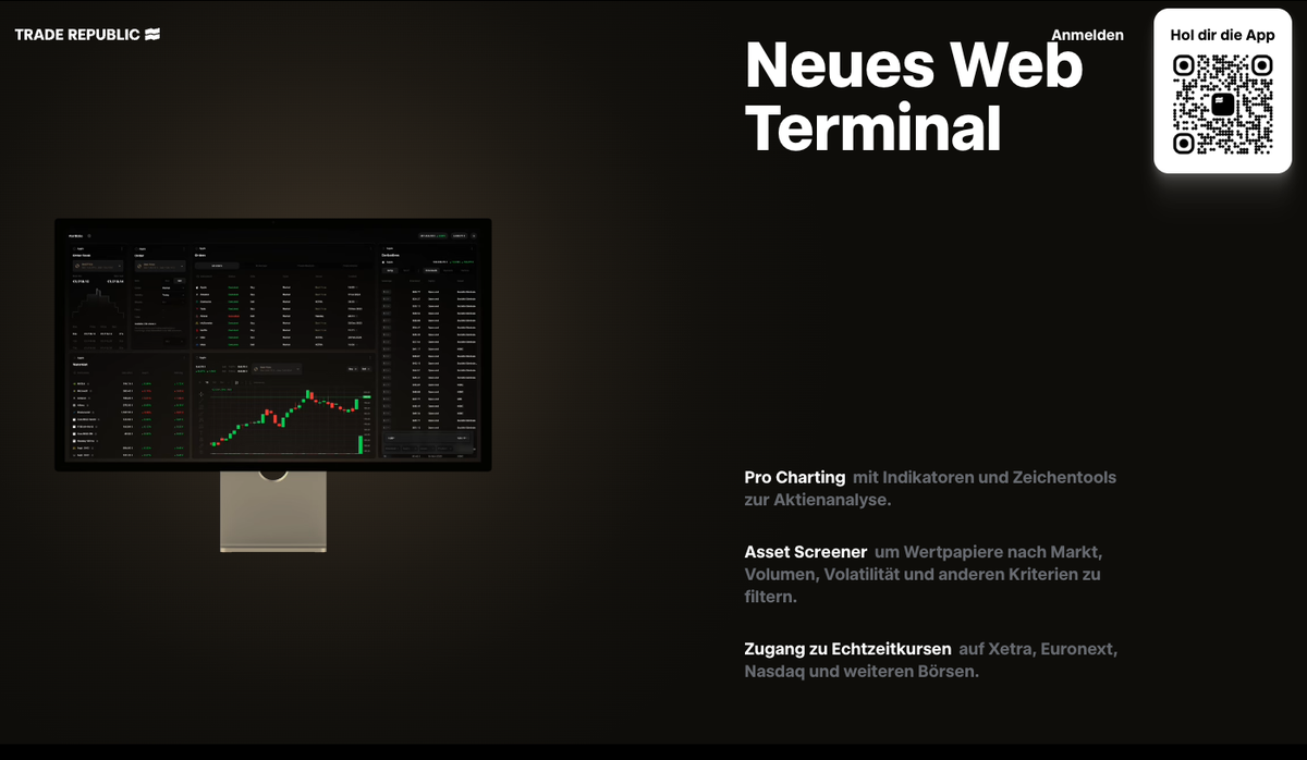 Trade Republic Web Terminal mit Pro Charting, Indikatoren und Asset Screener