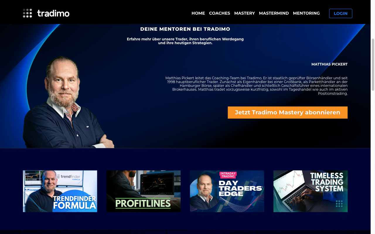 Tradimo Coaches Seite mit Matthias Pickert und seinen vier Strategien