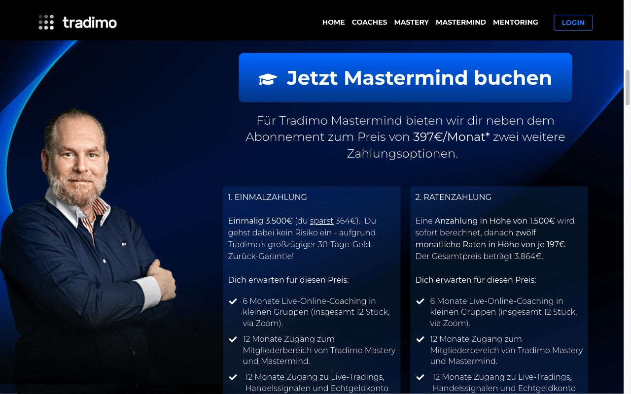 Tradimo Mastermind Kosten mit Einmalzahlung und Ratenzahlung im Vergleich
