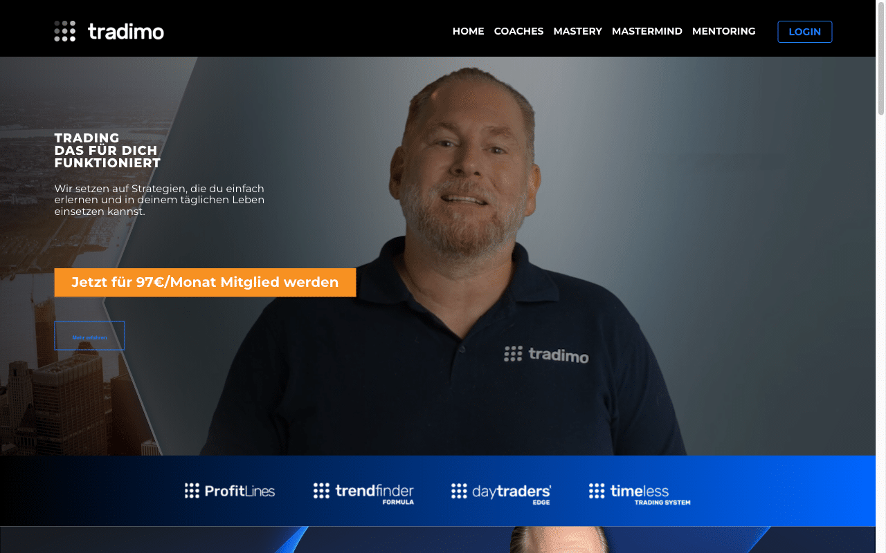 Tradimo Startseite mit dem Mitgliedsangebot für 97 Euro pro Monat